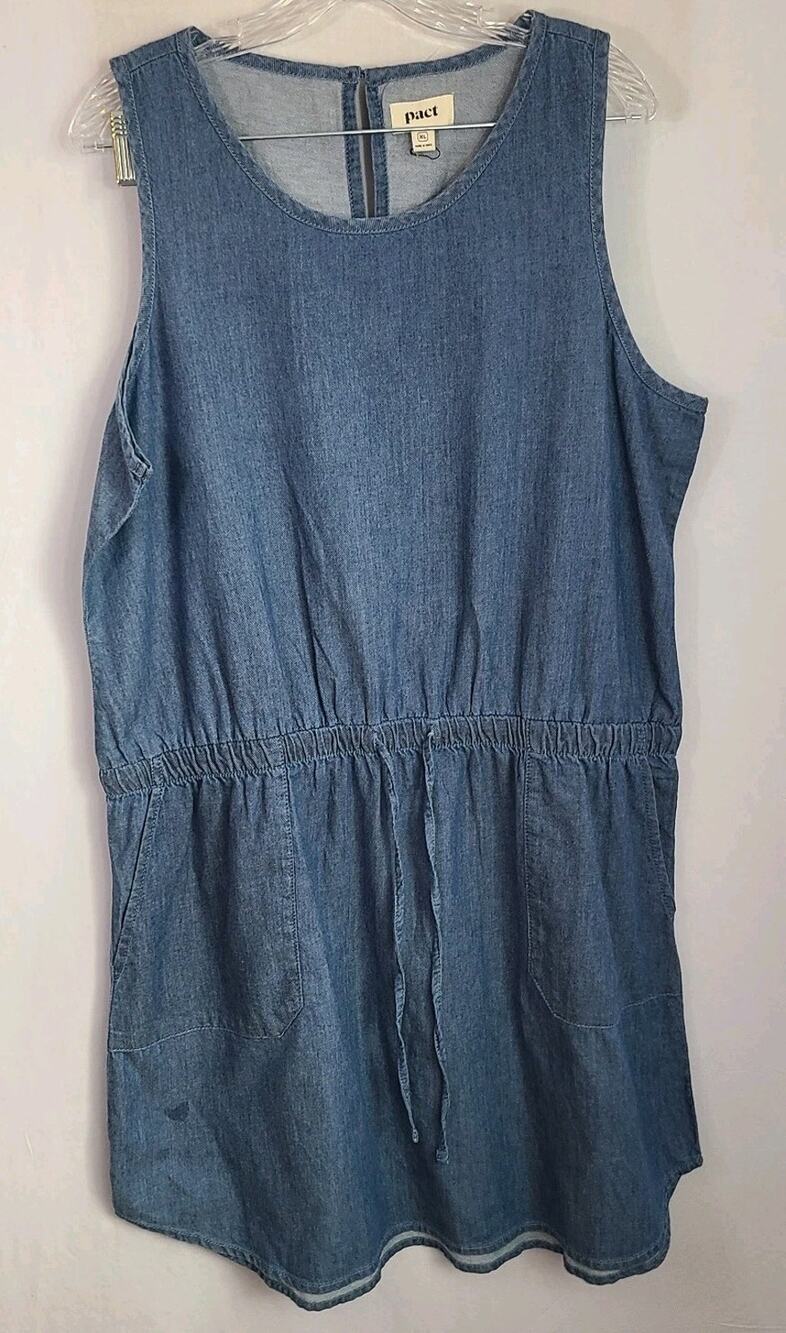 Pact Women's Organic Cotton Denim Jumper Dress Sleeveless Drawstring Casual XL